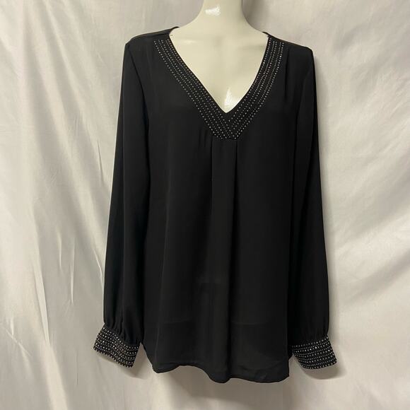 Janet Chung Top Shear Dark Black Sequin Studs Blouse Dressy Size L - Picture 1 of 10